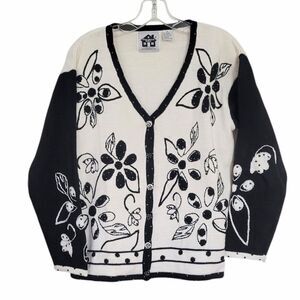 Storybook Knits Black And White V-neck Cardigan Sweater Size M
